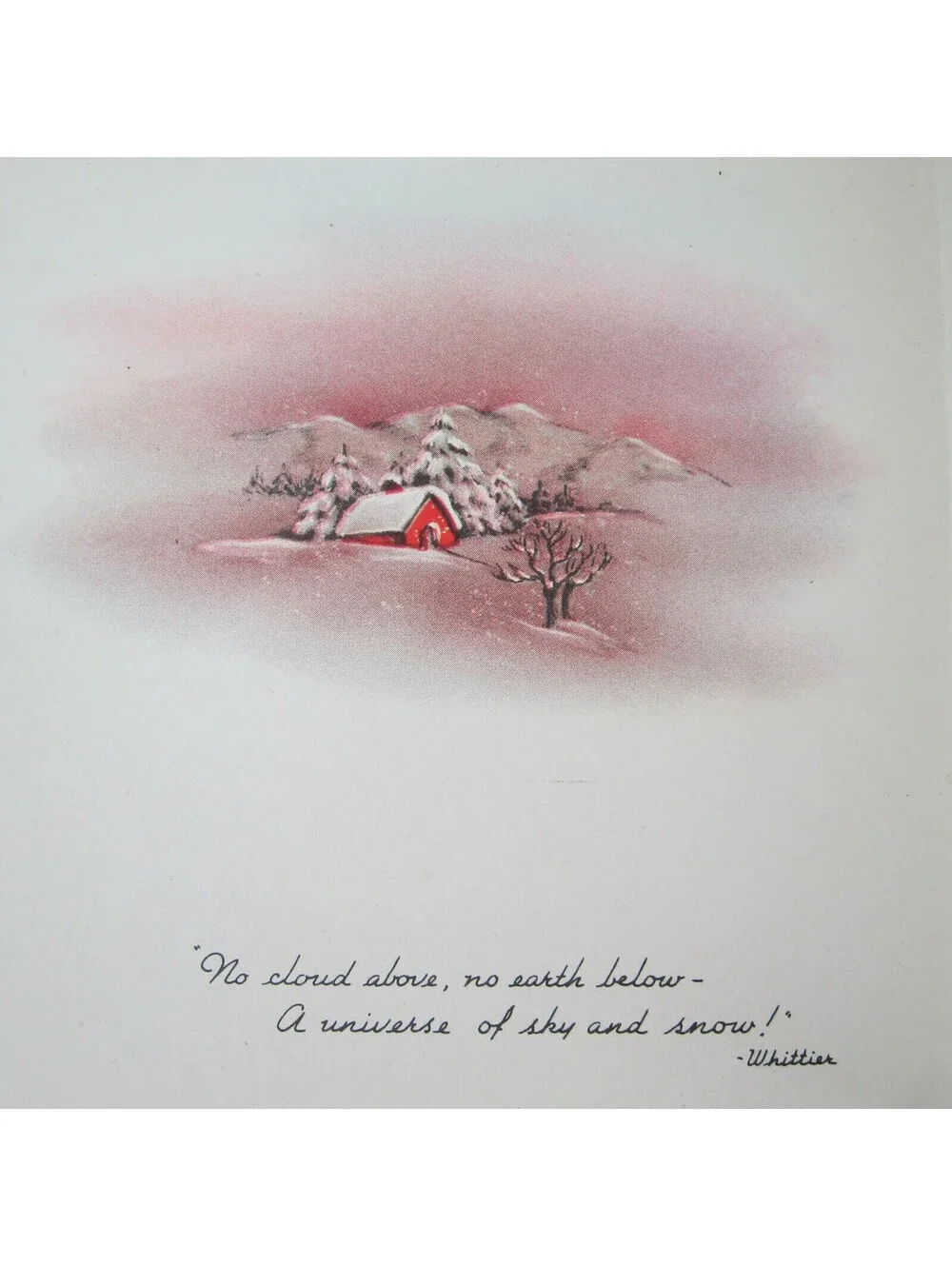 Vintage Christmas Card & Envelope Snow Cabin Stream John Greenleaf Whittier Poem